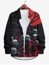 Chemise D'Halloween Crâne Branche D'Arbre Imprimés Boutonnée de Grande Taille à Manches Longues - Noir 3XL