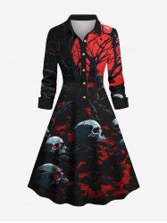 Plus Size Skull Tree Branch Hell Print Halloween Costume Half Button A Line Shirted Dress -  