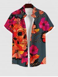 Chemise Imprimé Feuilles et Fleurs Hawaiien à Boutons Grande Taille avec Poche pour Homme - Multi-B M