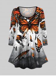 Plus Size Ink Painting Splatter Butterfly Print Long Sleeves T-shirt -  