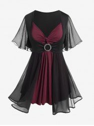 Plus Size Flutter Sleeves Twist Colorblock 2 in 1 Tee -  