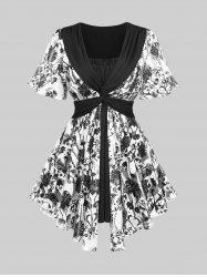 Plus Size Crochet Blue And White Porcelain Floral Print Pleated Twist Ruched 2 In 1 Top -  