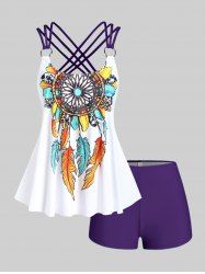 Plus Size Feather Print Crisscross Strappy Back Rings Boyshorts Tankini Swimsuit -  