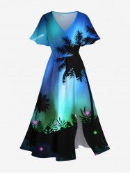 Plus Size Coconut Tree Colorful Glitter Ombre Galaxy Print Hawaii Split Pocket A Line Midi Dress -  