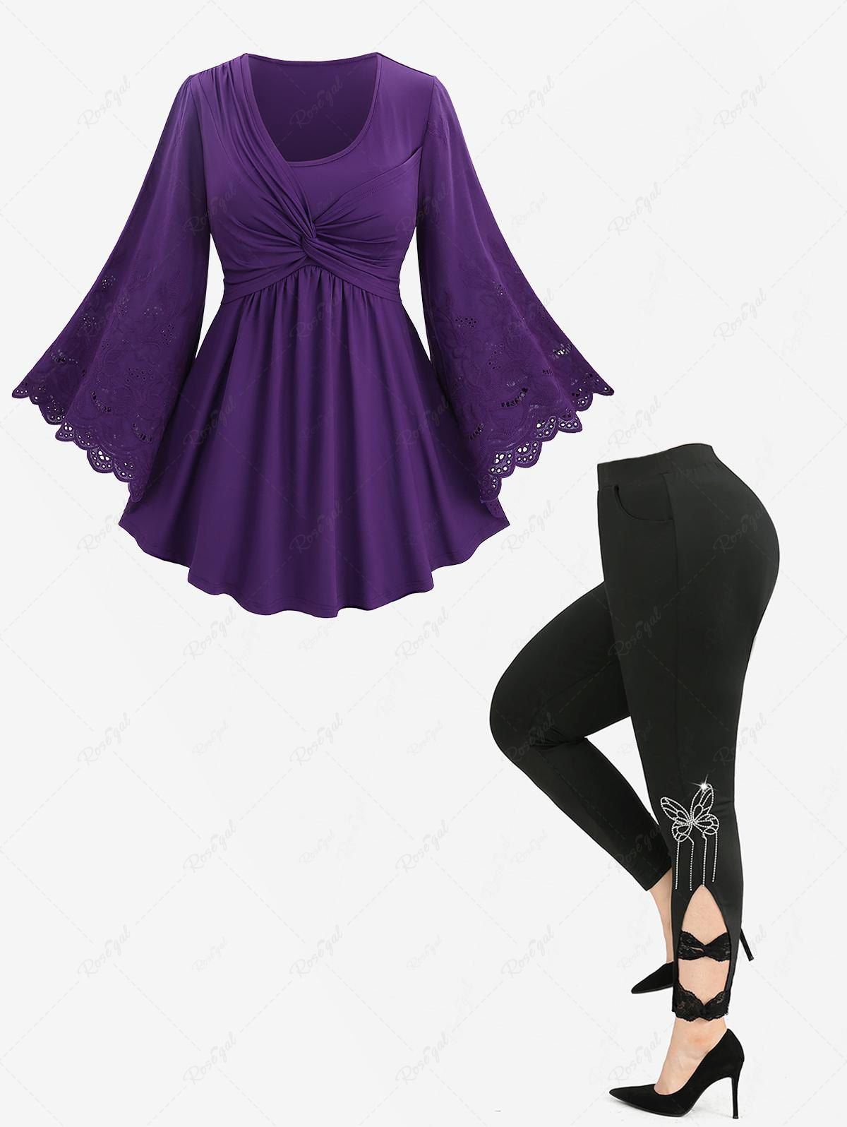 Hot Twist Panel Hollow Out Embroidery Floral Flare Sleeves Top and Bowknot Butterfly Leggings Plus Size Outfit  