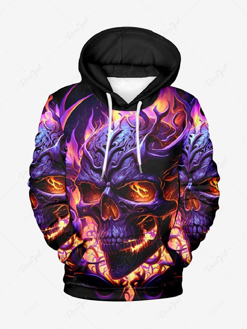 Sweat à Capuche Imprimé Crâne Brûlant D'Halloween en Métal Grande Taille avec Poche Noir 8XL