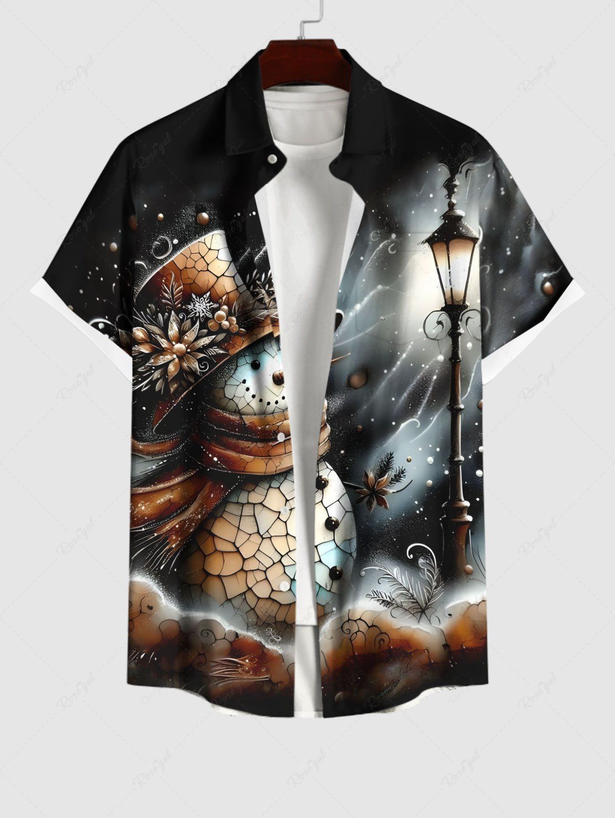 Chemisier avec Boutons et Poches à Imprimé Bonhomme de Neige et Fleurs Grande-Taille pour Hommes Noir 3XL