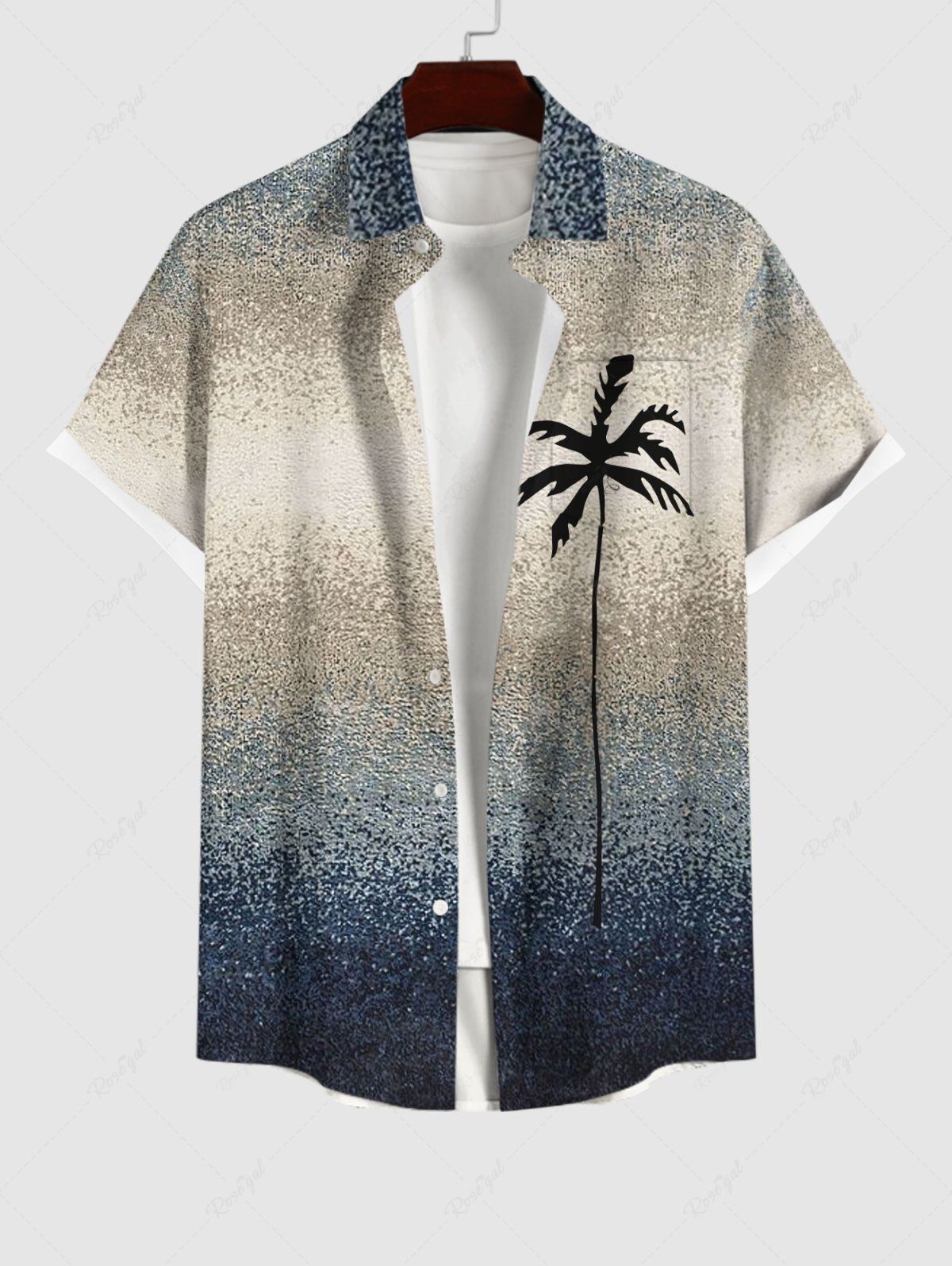 Unique Plus Size Ombre Colorblock Coconut Tree Print Buttons Pocket Hawaii Shirt For Men  