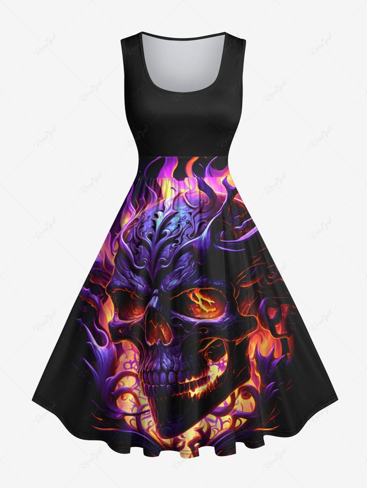 Robe D'Halloween Costume Vintage Crâne en Feu Imprimé Grande Taille Noir 1X