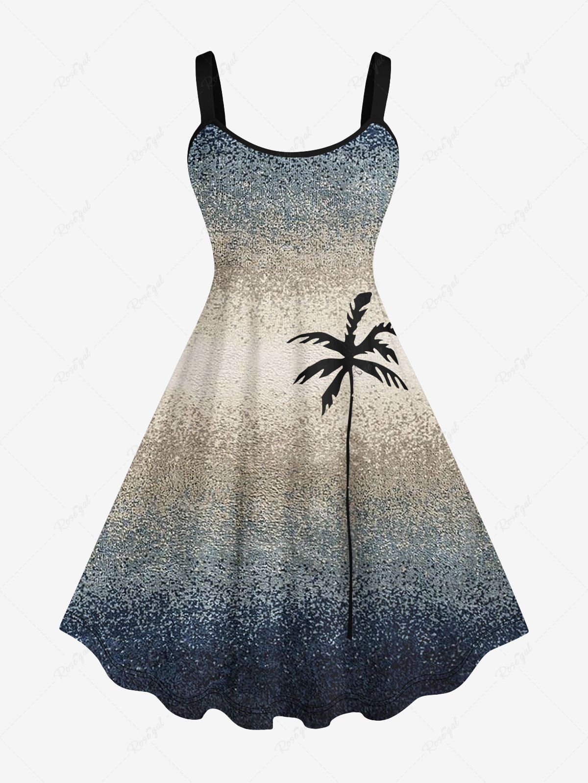 Hot Plus Size Ombre Colorblock Coconut Tree Print Hawaii Tank Dress  