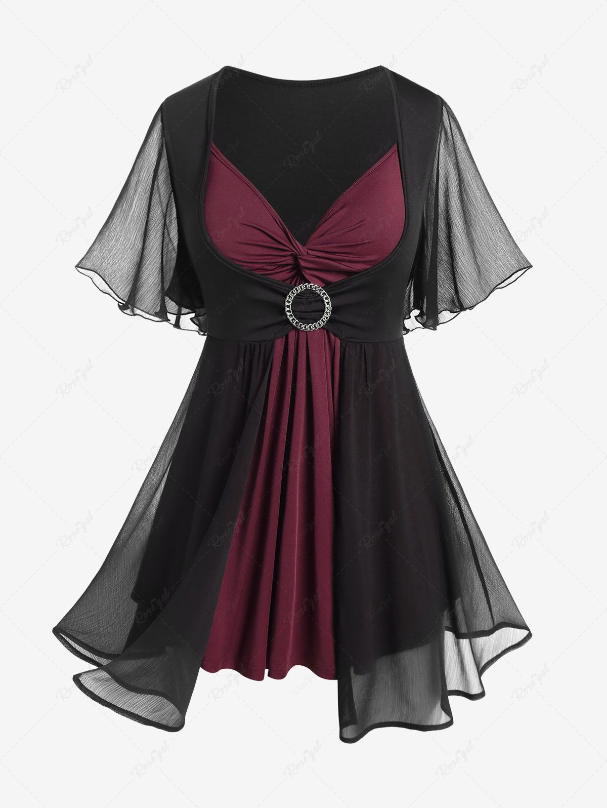 Sale Plus Size Flutter Sleeves Twist Colorblock 2 in 1 Tee  