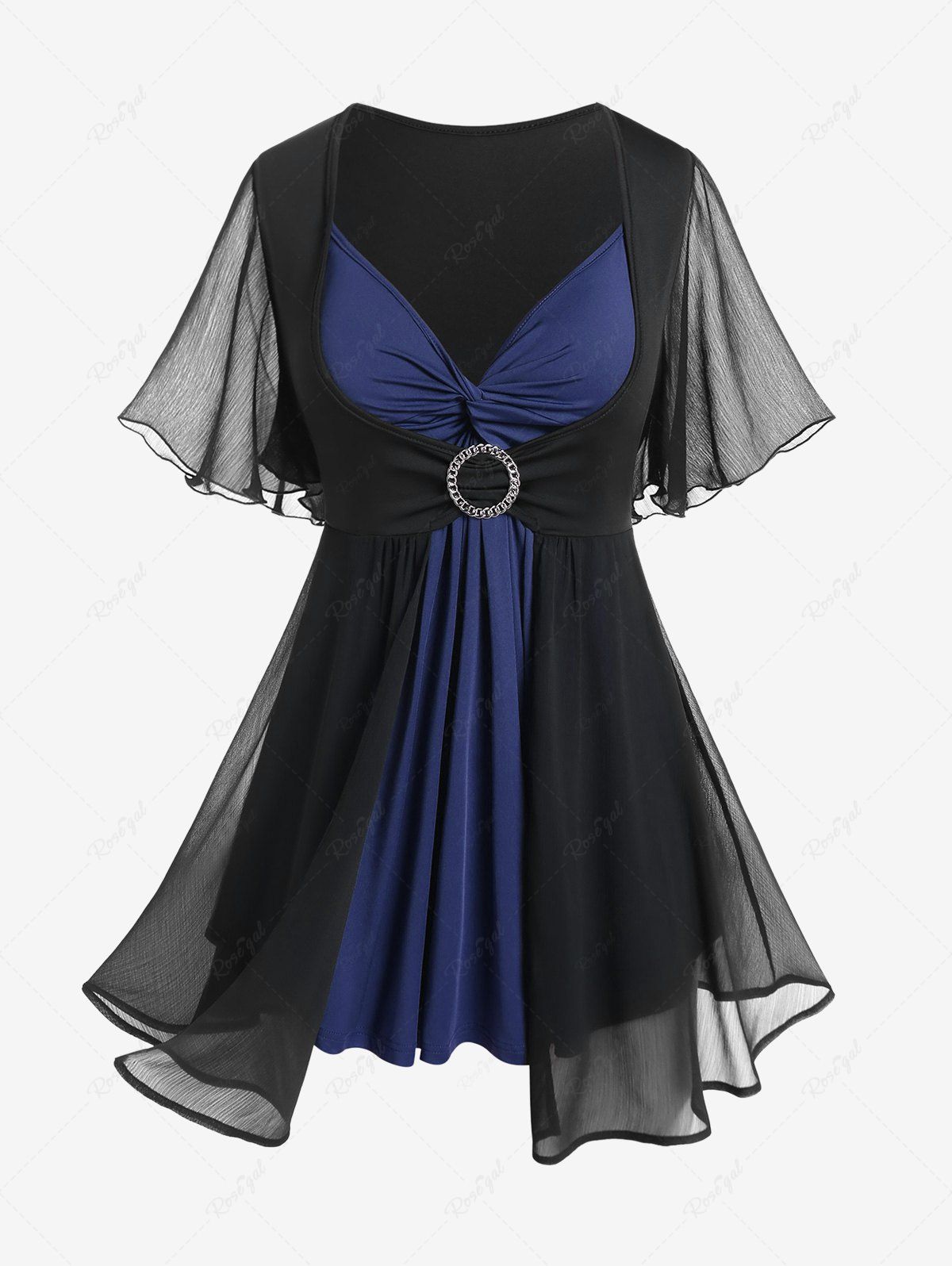 Plus Size Flutter Sleeves Twist Colorblock 2 in 1 Tee - 2x | Us 18-20