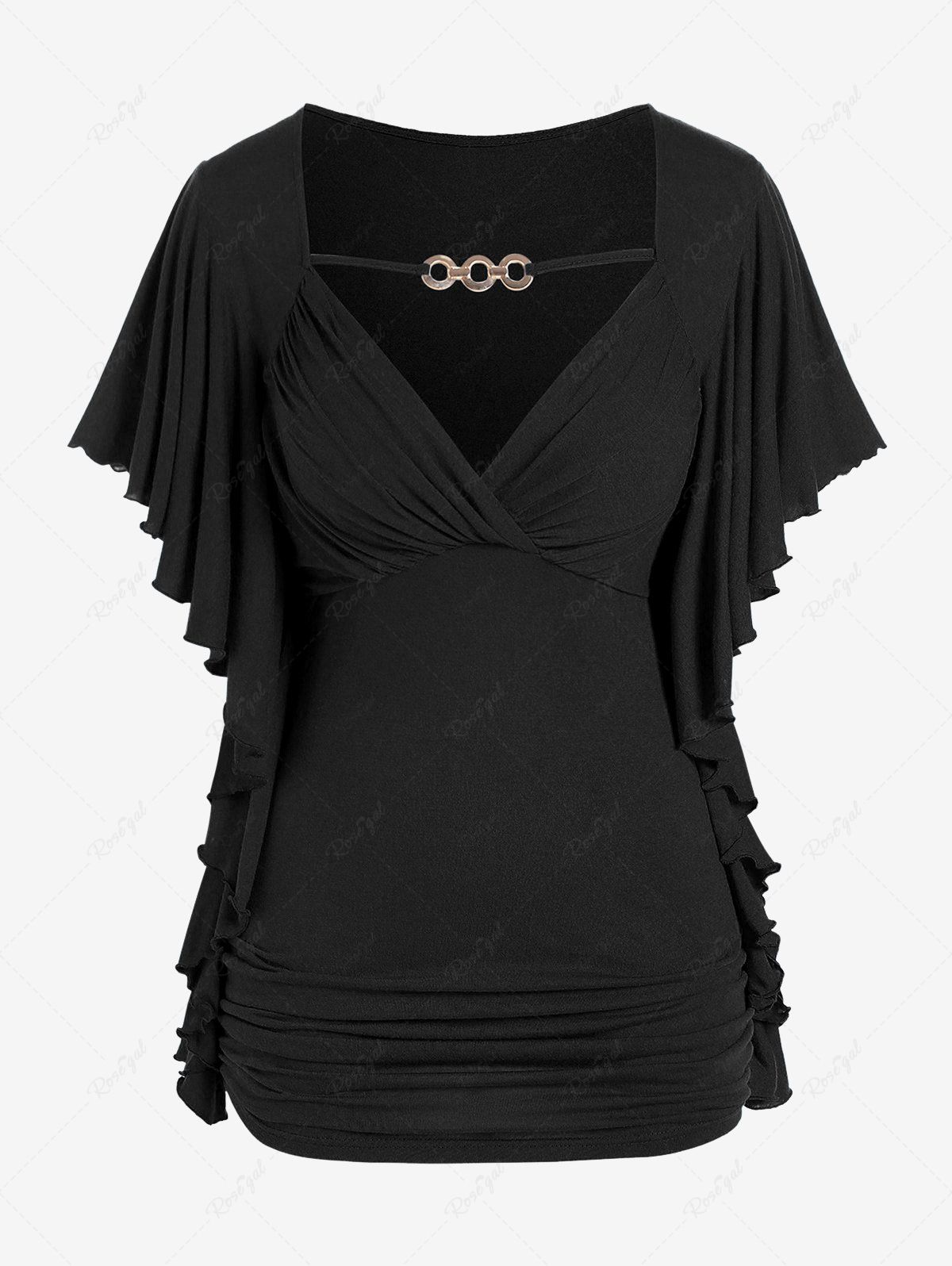 Cheap Plus Size Butterfly Sleeves Flounce Ruched Solid Surplice Tee  