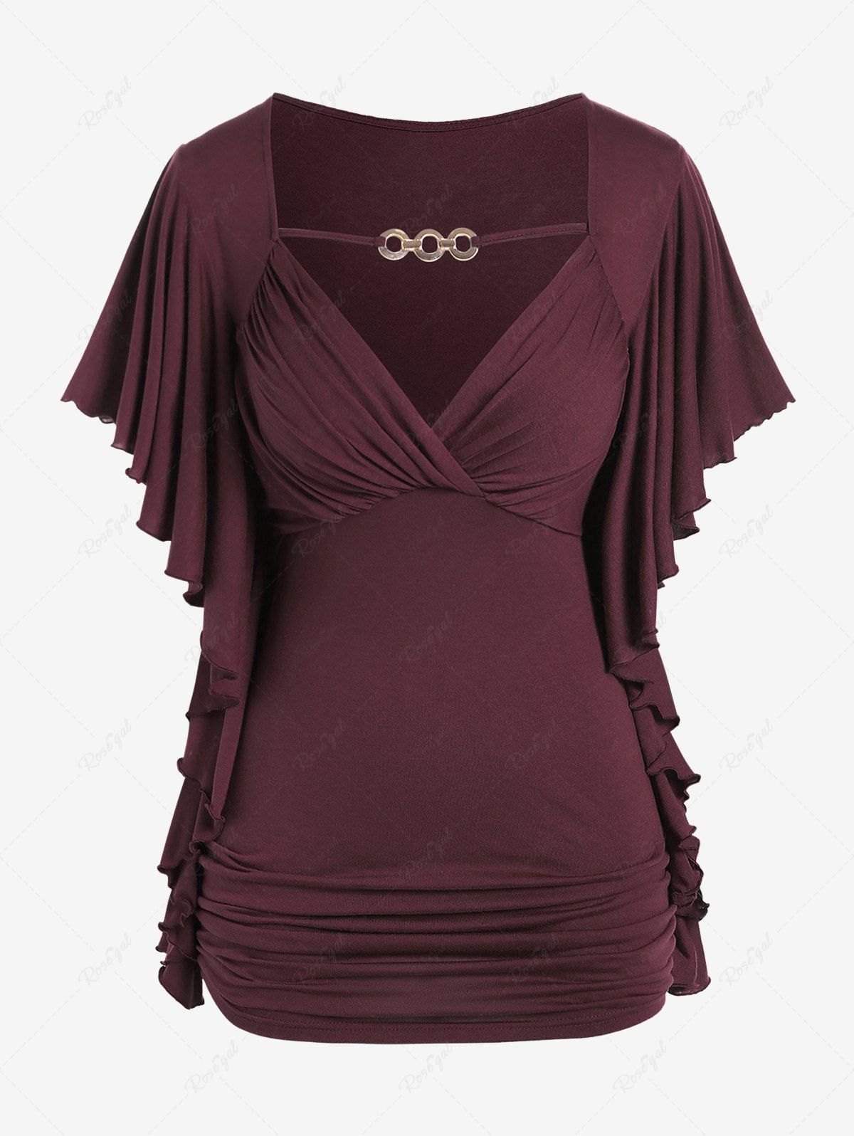 Buy Plus Size Butterfly Sleeves Flounce Ruched Solid Surplice Tee  