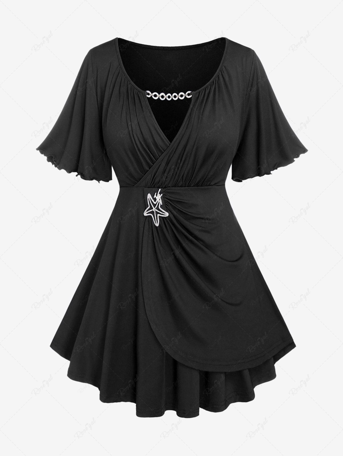 Fashion Plus Size Lettuce Ruched Keyhole Flutter Sleeves Surplice Tee  