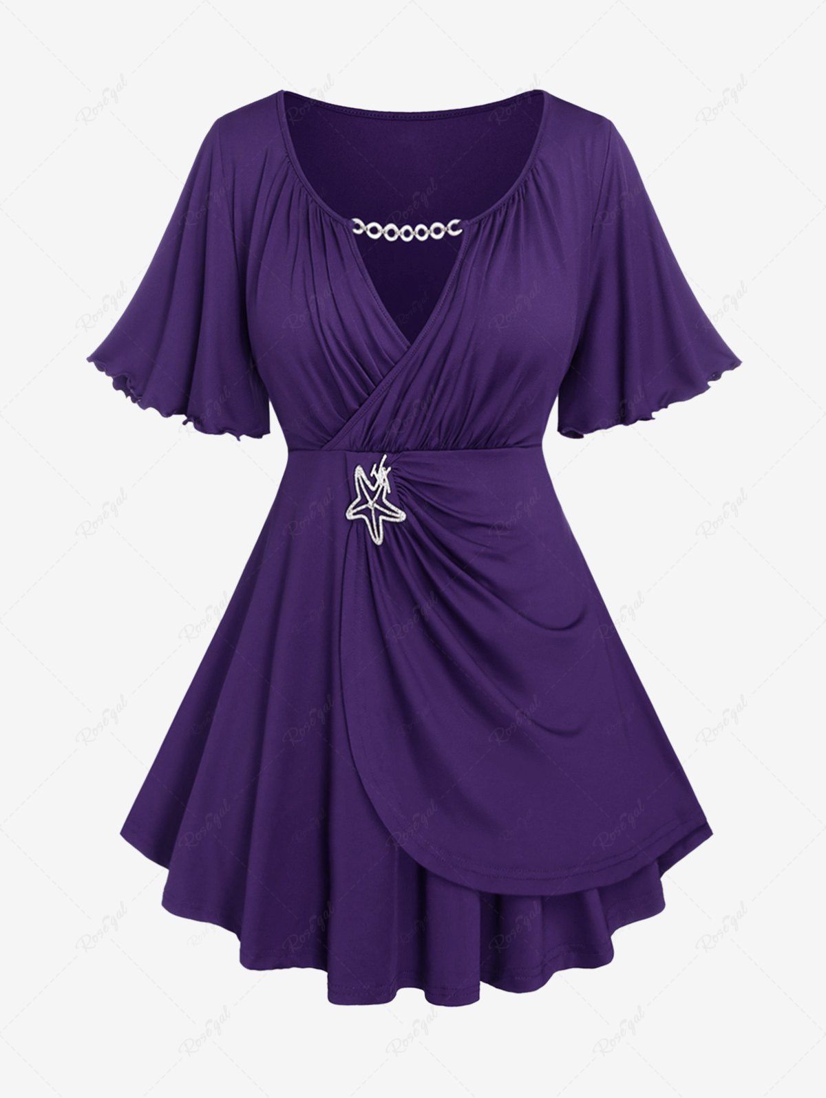 Trendy Plus Size Lettuce Ruched Keyhole Flutter Sleeves Surplice Tee  