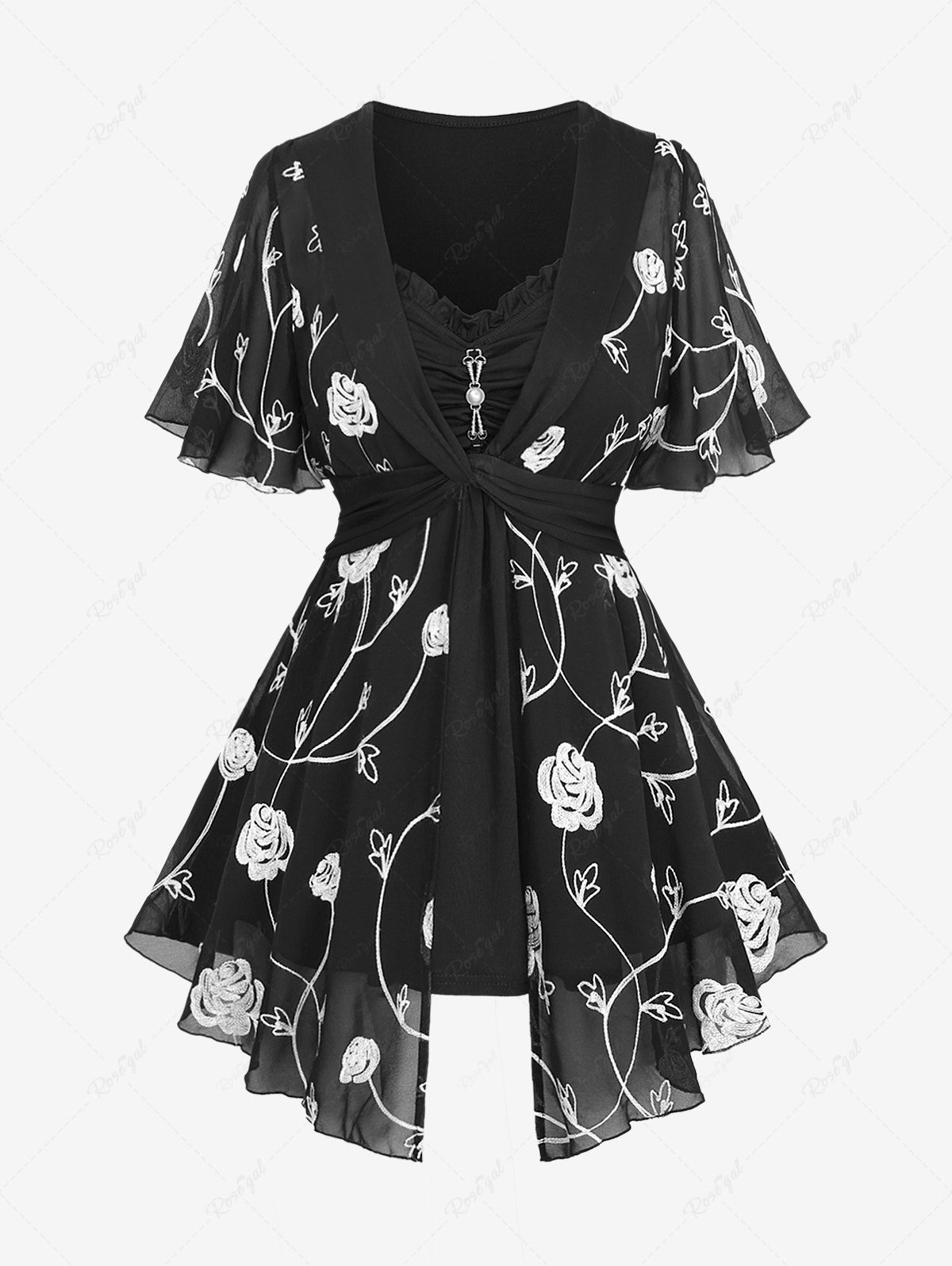 Chic Plus Size Pearl Buckle Panel Ruched Twist Ruffles Embroidery Rose Flowers Chiffon 2 In 1 Top  