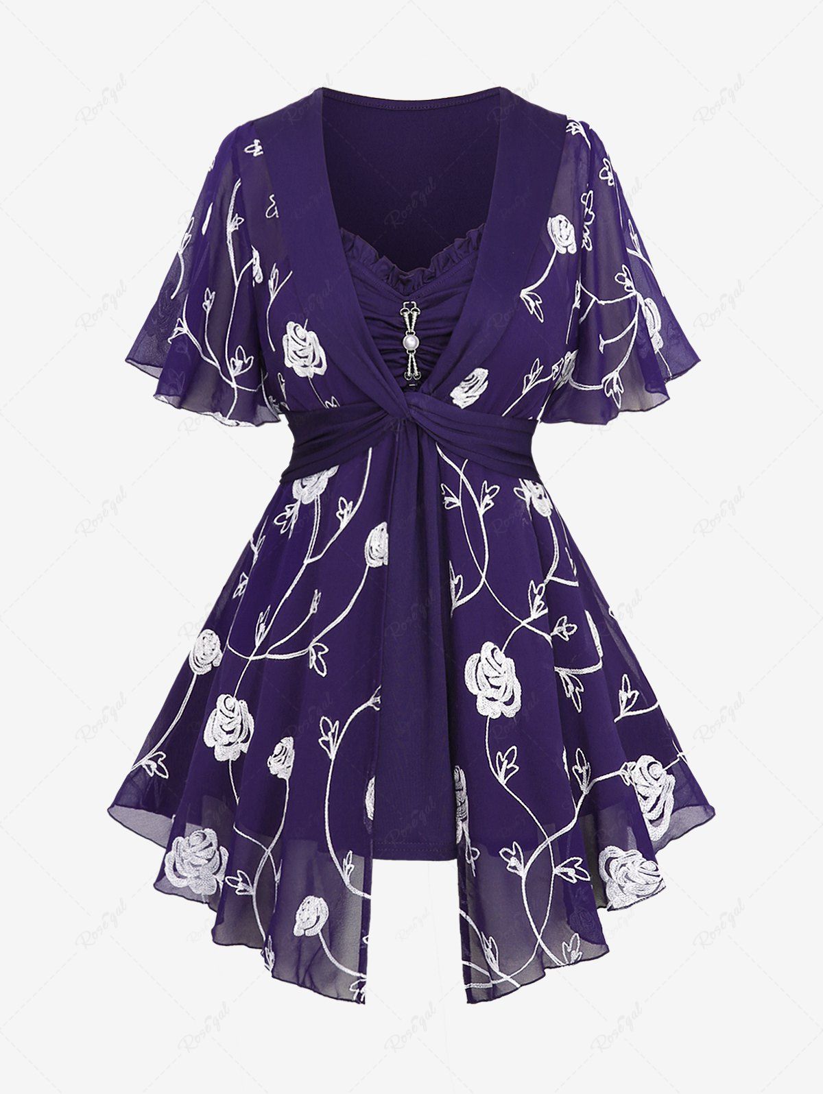 Plus Size Pearl Buckle Panel Ruched Twist Ruffles Embroidery Rose Flowers Chiffon 2 In 1 Top - L | Us 12