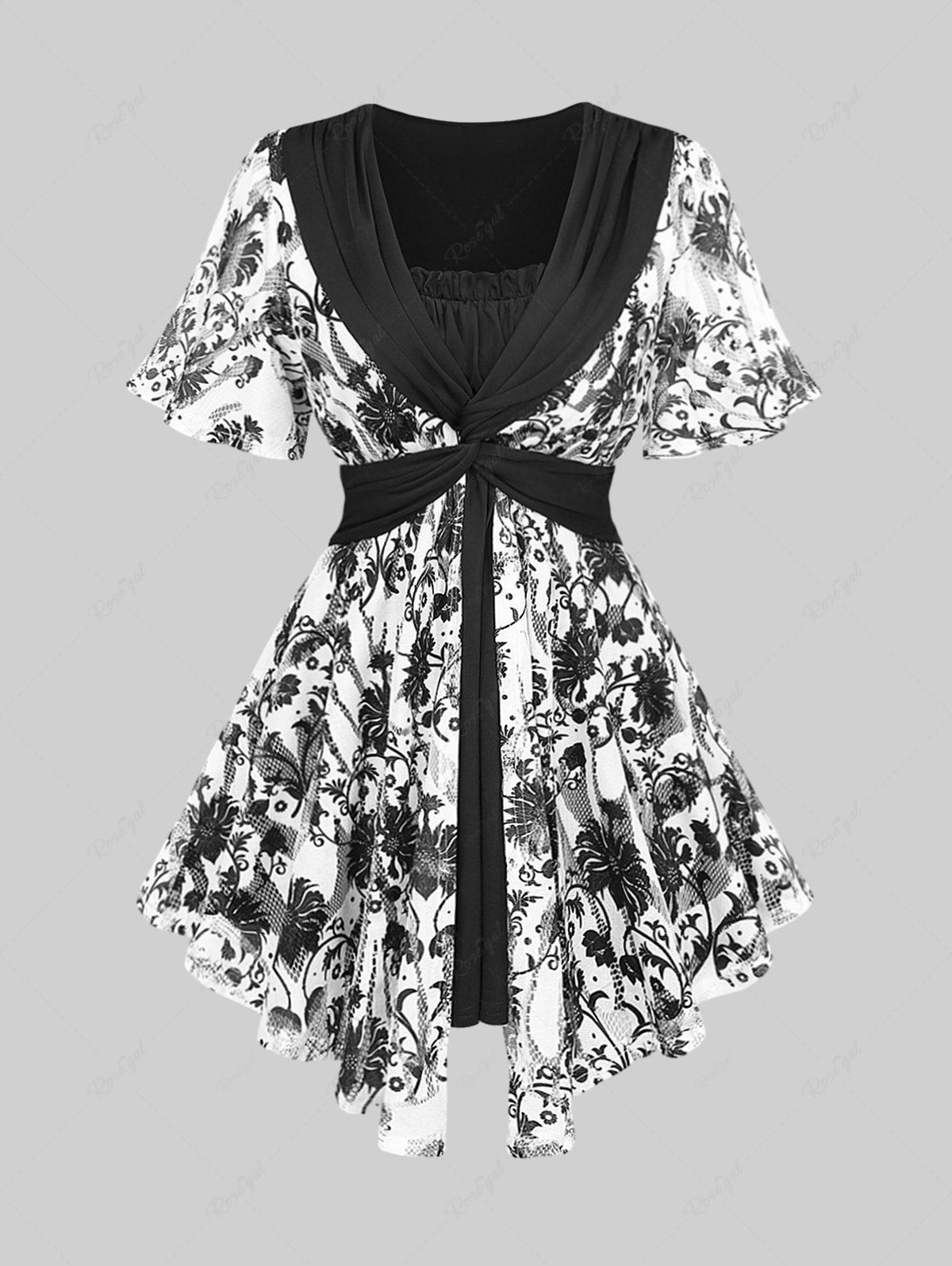 Unique Plus Size Crochet Blue And White Porcelain Floral Print Pleated Twist Ruched 2 In 1 Top  