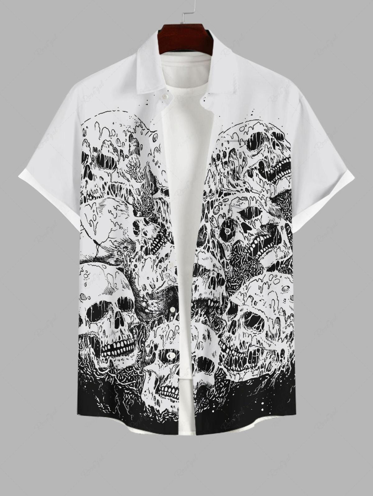 New Plus Size Halloween Costume Skulls Print Buttons Pocket Shirt For Men  