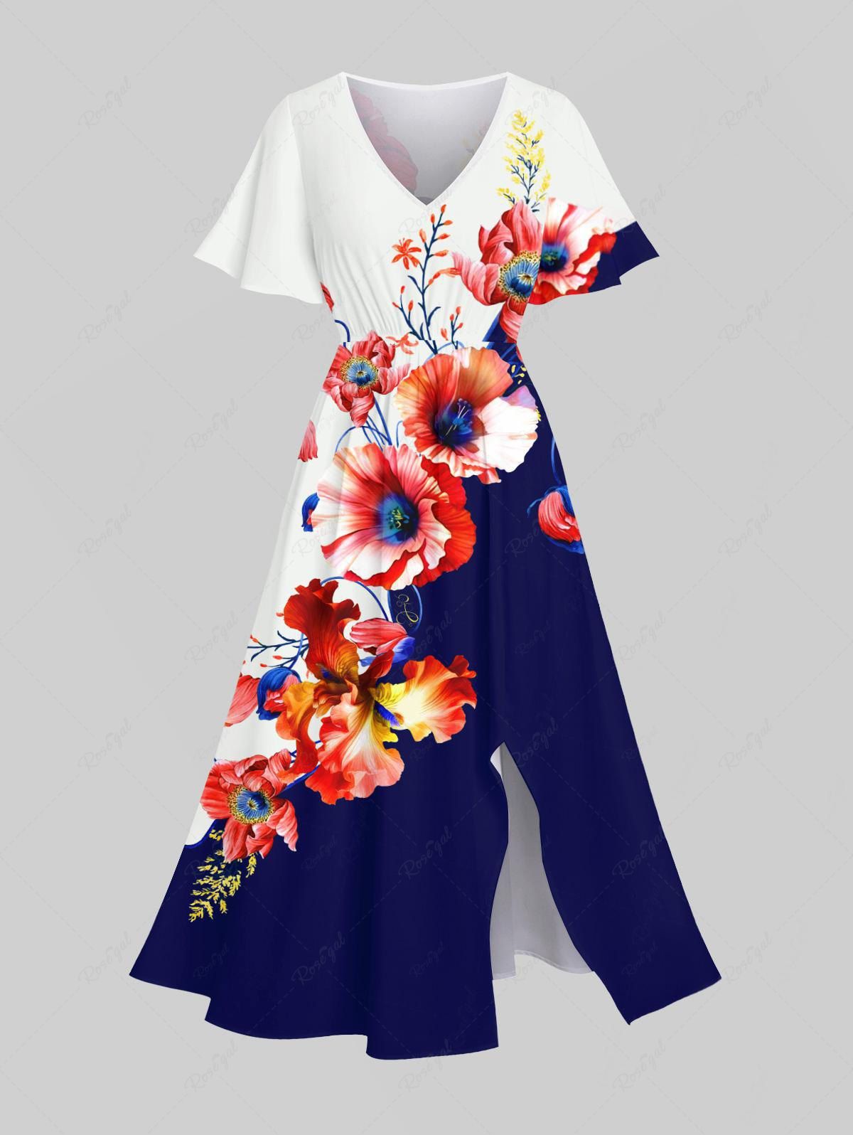 Hot Plus Size Flowers Colorblock Print Split Hawaii Midi Dress  