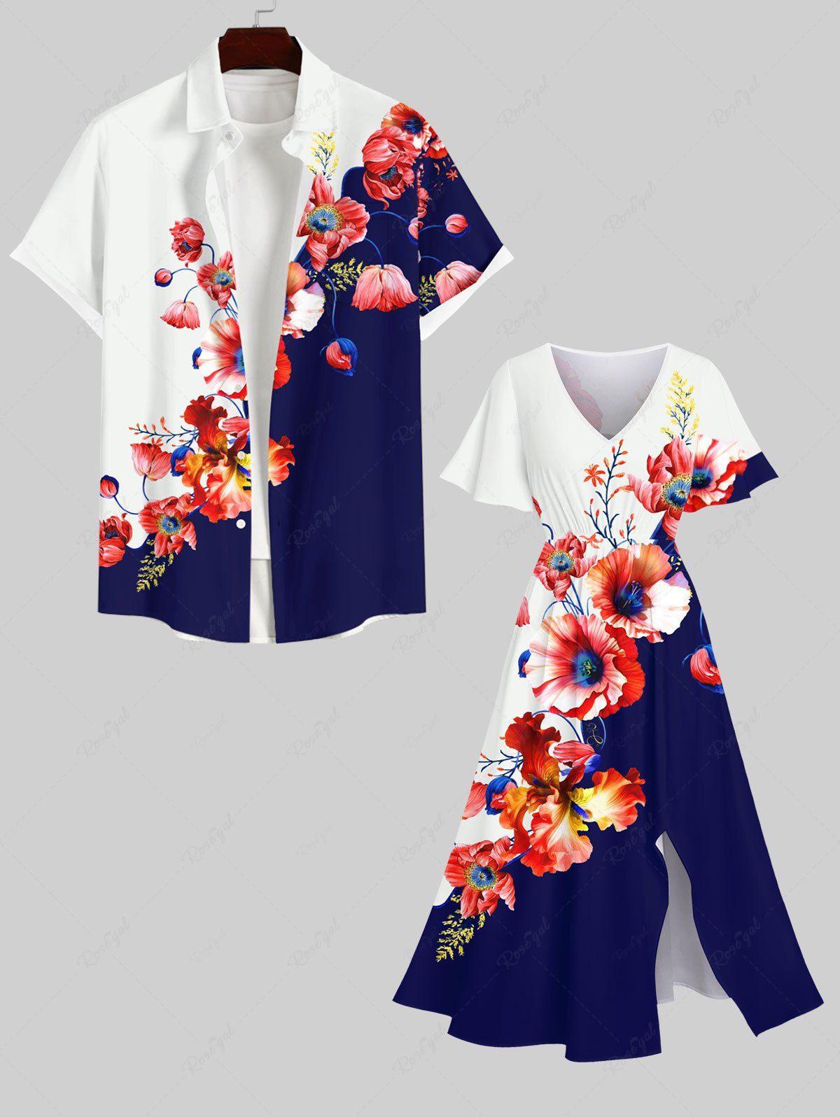 Costume de Plage Grande Taille Imprimé à Fleurs Contrastant Bleu profond 