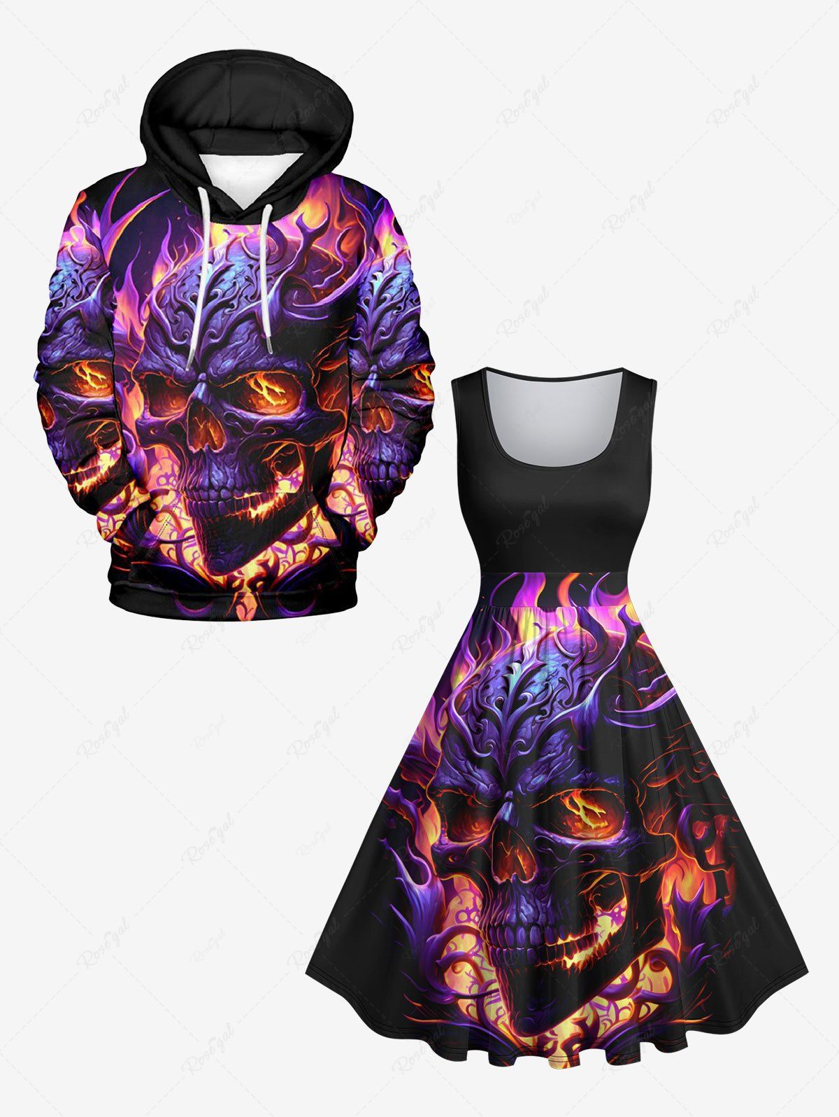 Costume D'Halloween en Métal Imprimé Crâne et Feu Grande Taille pour Couples Noir 