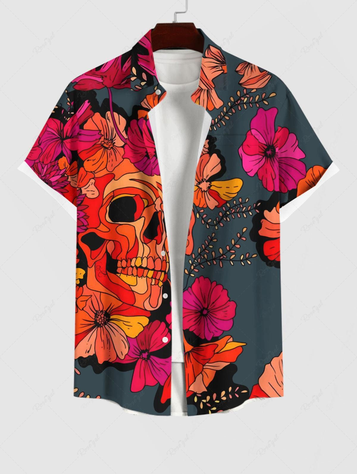 Chic Plus Size Skull Floral Leaf Print Hawaii Button Pocket Shirt For Men  