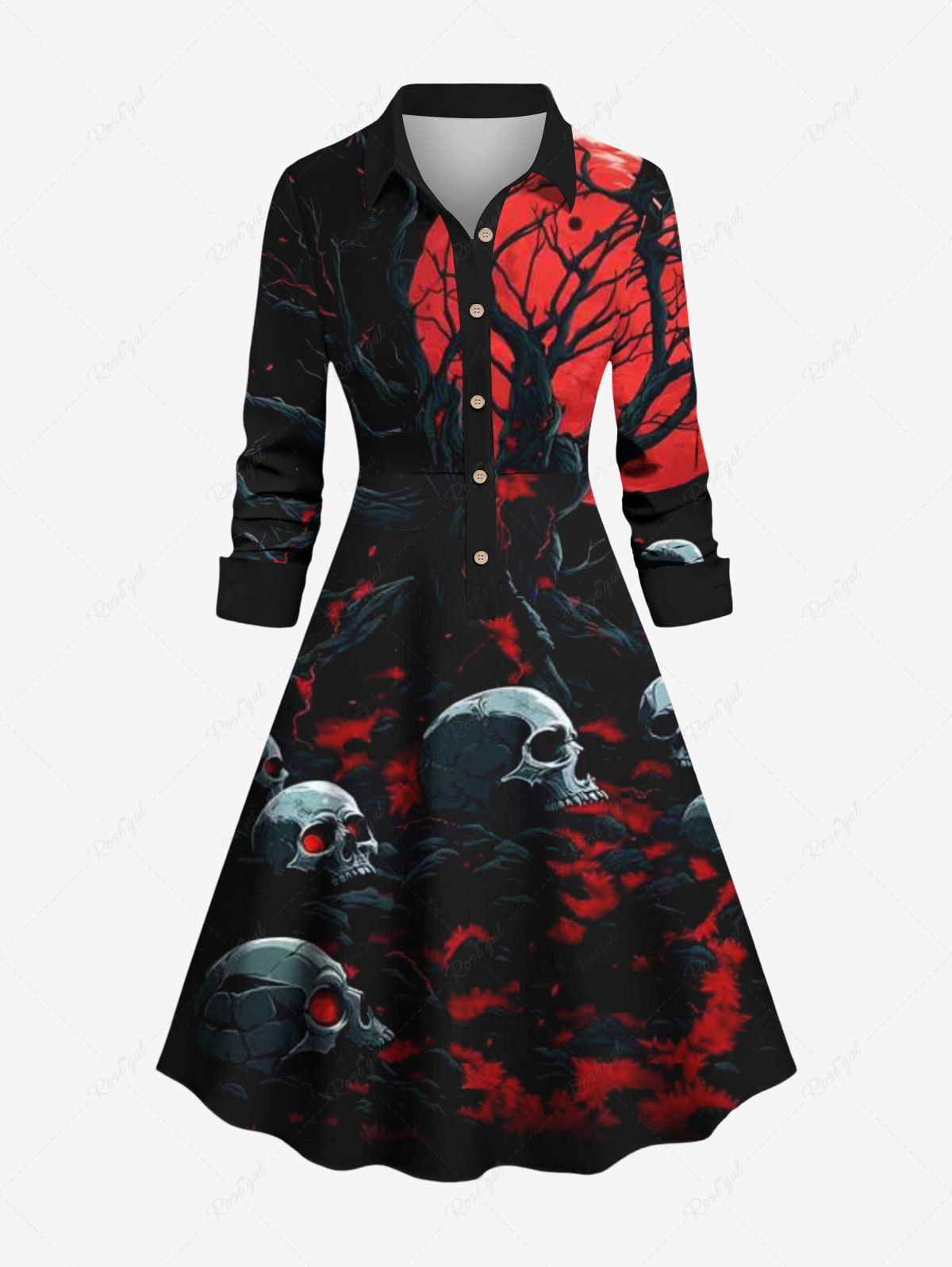 Latest Plus Size Skull Tree Branch Hell Print Halloween Costume Half Button A Line Shirted Dress  