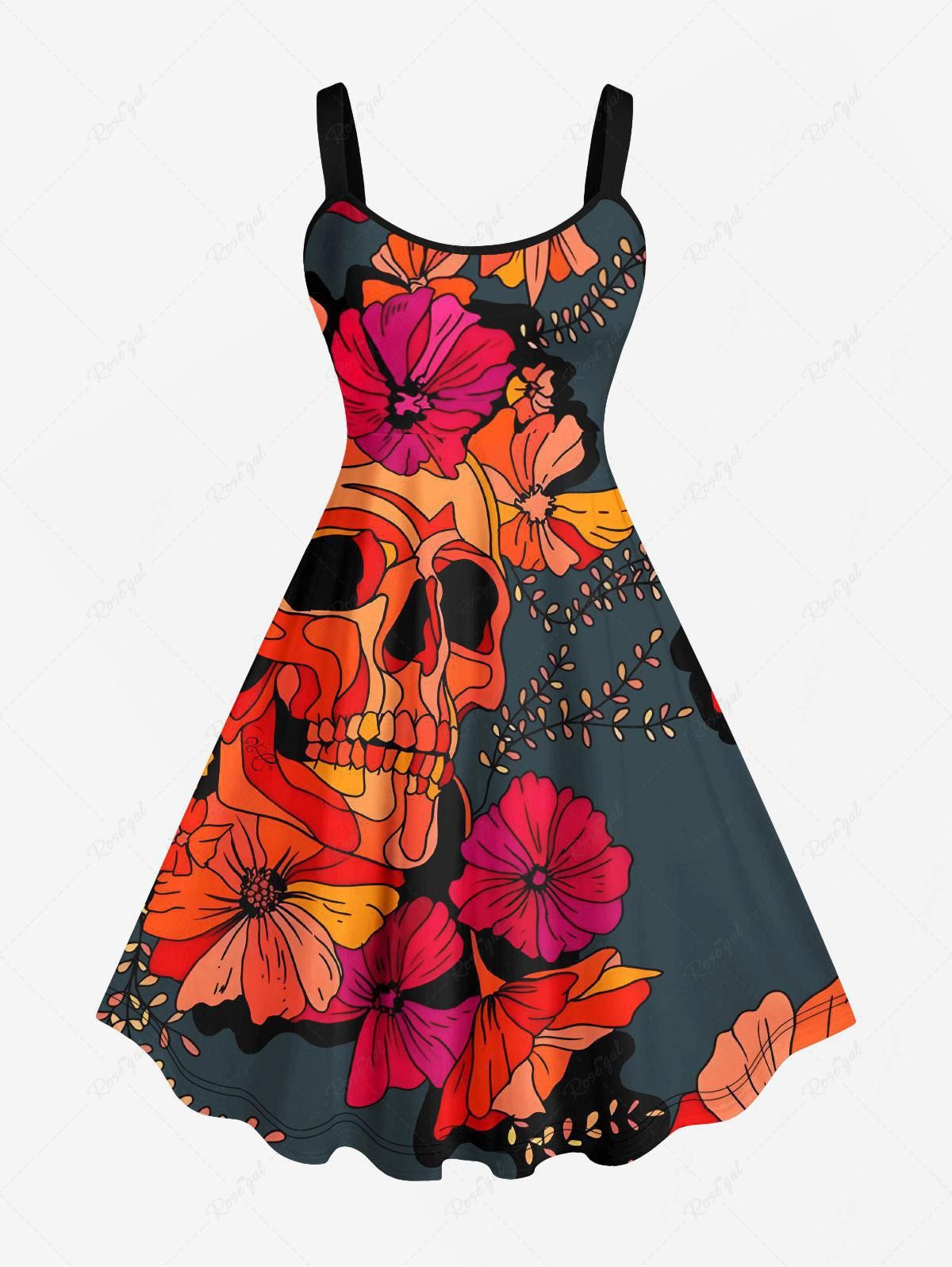 Outfits Plus Size Skull Floral Leaf Print Hawaii A Line Tank Dress  