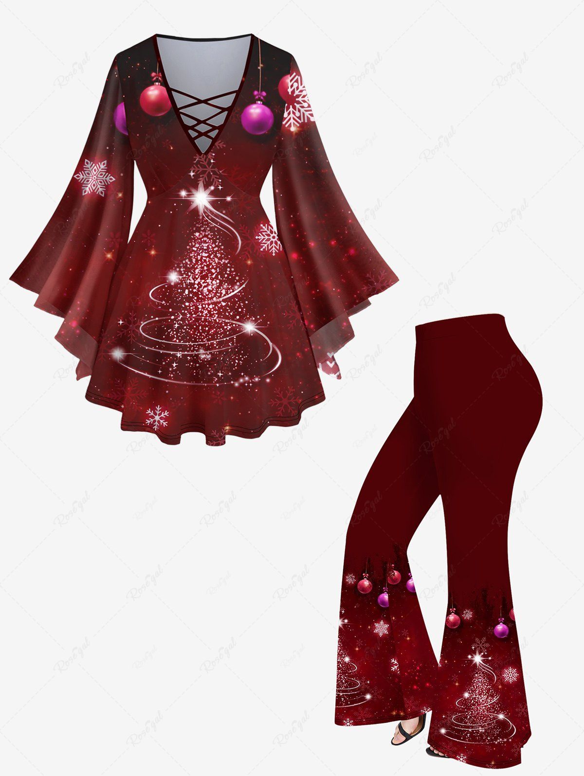 Outfits Christmas Tree Ball Snowflake Galaxy Print Ombre Lattice Top and Flare Pants Plus Size Matching Set  