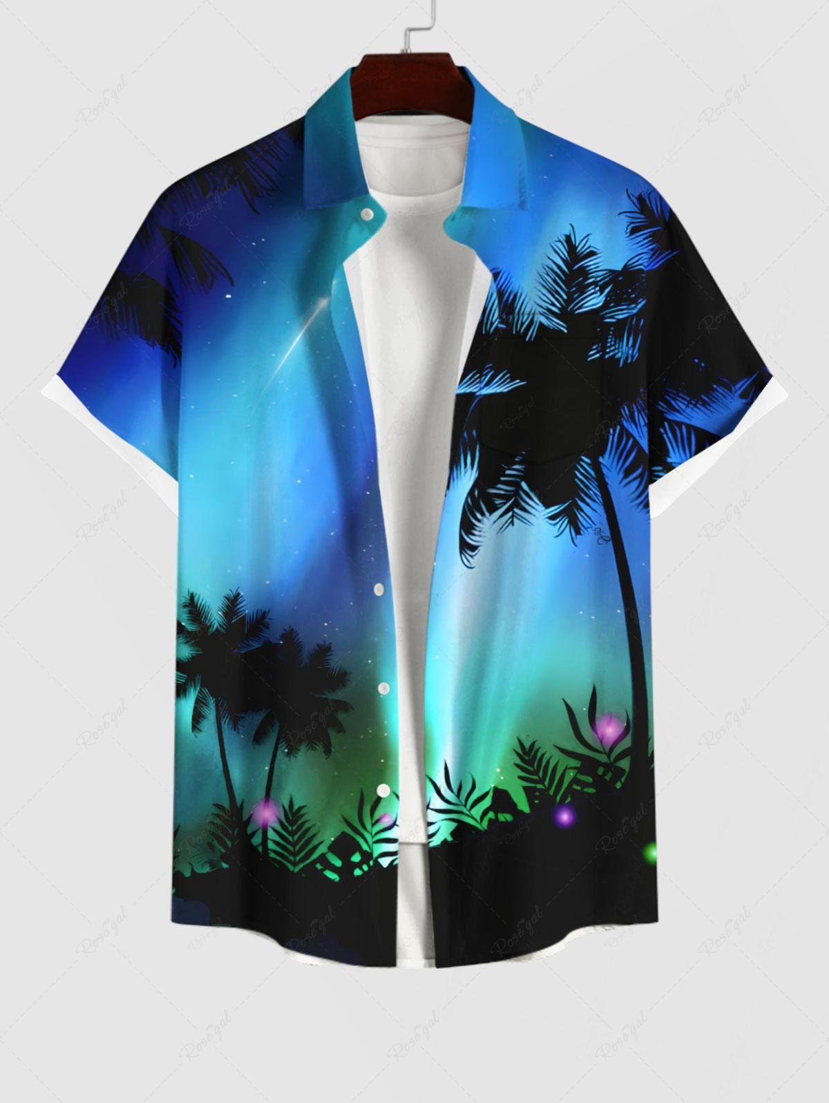 Cheap Plus Size Coconut Tree Colorful Ombre Galaxy Print Hawaii Buttons Pocket Shirt For Men  