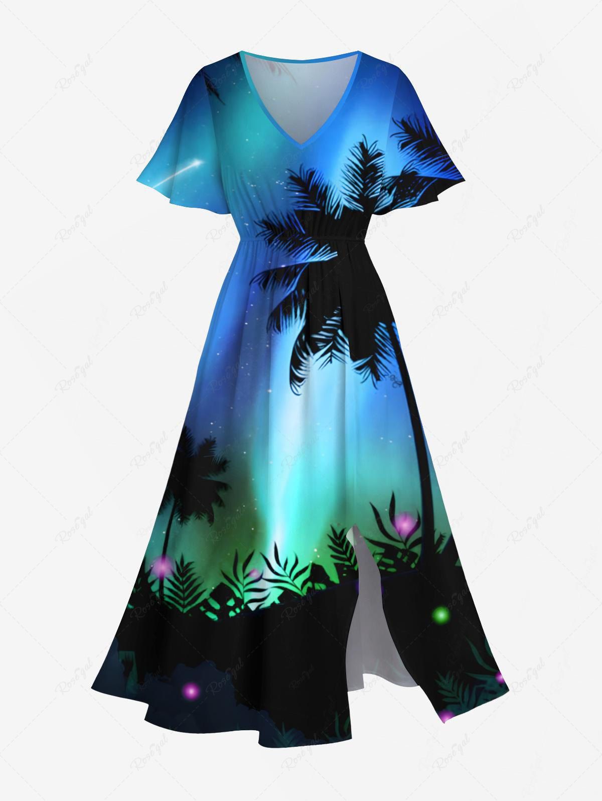 Best Plus Size Coconut Tree Colorful Glitter Ombre Galaxy Print Hawaii Split Pocket A Line Midi Dress  