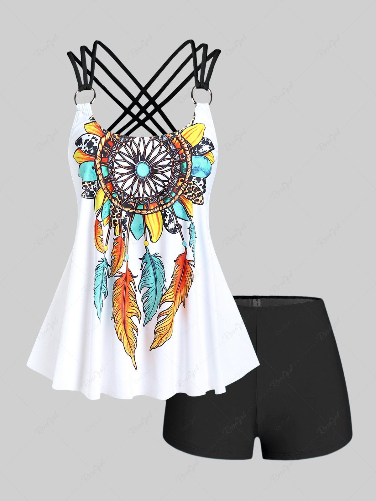 Buy Plus Size Feather Print Crisscross Strappy Back Rings Boyshorts Tankini Swimsuit  
