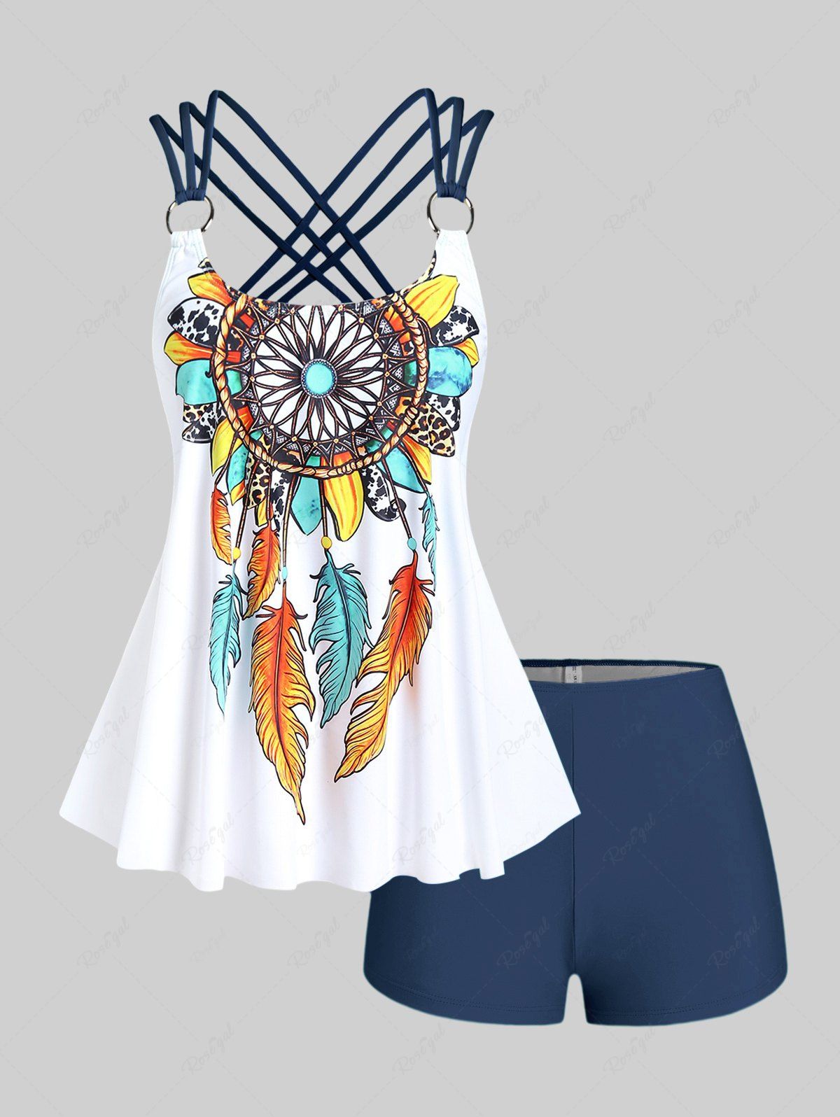Store Plus Size Feather Print Crisscross Strappy Back Rings Boyshorts Tankini Swimsuit  