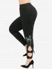 Twist Panel Hollow Out Embroidery Floral Flare Sleeves Top and Bowknot Butterfly Leggings Plus Size Outfit -  