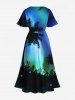 Plus Size Coconut Tree Colorful Glitter Ombre Galaxy Print Hawaii Split Pocket A Line Midi Dress -  