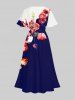 Plus Size Flowers Colorblock Print Split Hawaii Midi Dress -  