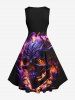 Robe D'Halloween Costume Vintage Crâne en Feu Imprimé Grande Taille - Noir XS