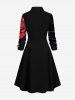 Plus Size Skull Tree Branch Hell Print Halloween Costume Half Button A Line Shirted Dress -  