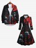 Plus Size Skull Tree Branch Hell Print Halloween Costume Half Button A Line Shirted Dress -  