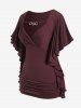 Plus Size Butterfly Sleeves Flounce Ruched Solid Surplice Tee -  