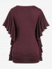 Plus Size Butterfly Sleeves Flounce Ruched Solid Surplice Tee -  