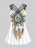 Plus Size Feather Print Crisscross Strappy Back Rings Boyshorts Tankini Swimsuit -  