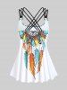 Plus Size Feather Print Crisscross Strappy Back Rings Boyshorts Tankini Swimsuit -  