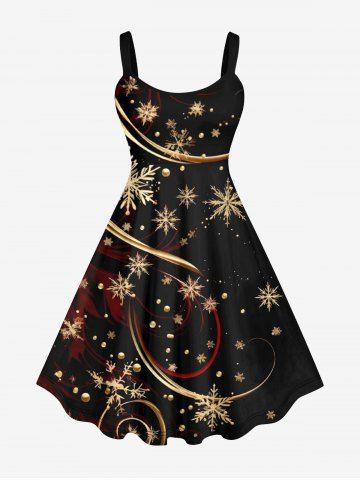 Plus Size Gilding Snowflake Curve Ribbon Print Christmas A Line Tank Dress - BLACK - 5X