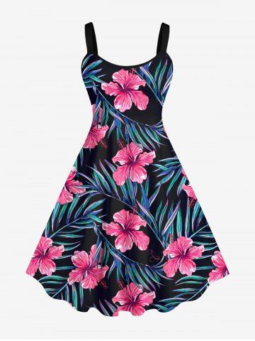 Robe Débardeur Hawaïen Fleur Feuille D'Hibiscus et Feuille Tropicale Imprimées de Grande Taille - BLACK - 3X