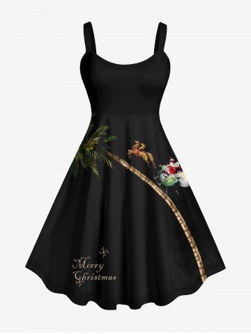 Plus Size Christmas Sled Elk Santa Claus Coconut Tree Print Tank Dress - BLACK - L