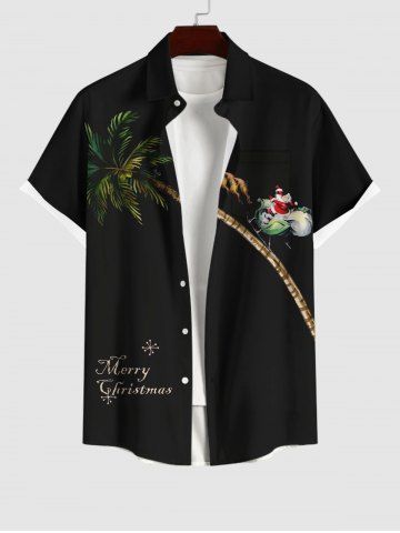 Plus Size Christmas Sled Elk Santa Claus Coconut Tree Print Buttons Pocket Shirt For Men