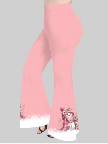 Plus Size Christmas Ball Snowman Flowers Snowflake Colorblock Print Flare Pants